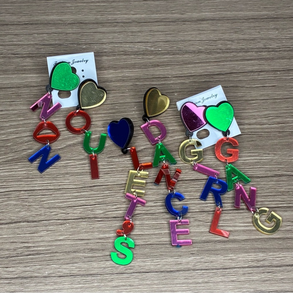 🐼 3/$25 NWOT Colorful Heart & Letter Dangle Earrings - 3 Pairs